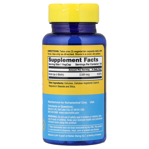 Nature's Life, бодрящий биотин, 2500 мкг, 100 растительных капсул