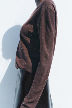 ZARA ТРИКОТАЖНЫЙ ТОП АСИММЕТРИЧНОГО КРОЯ, КОРИЧНЕВЫЙ