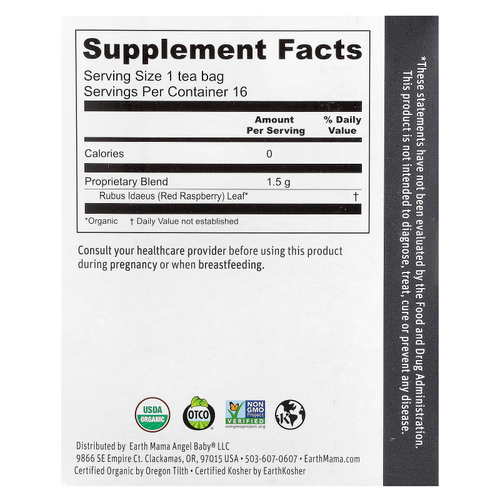 Earth Mama, Organics, 100% органический чай из листьев малины, без кофеина, 16 чайных пакетиков, 24 г (0,84 унции)
