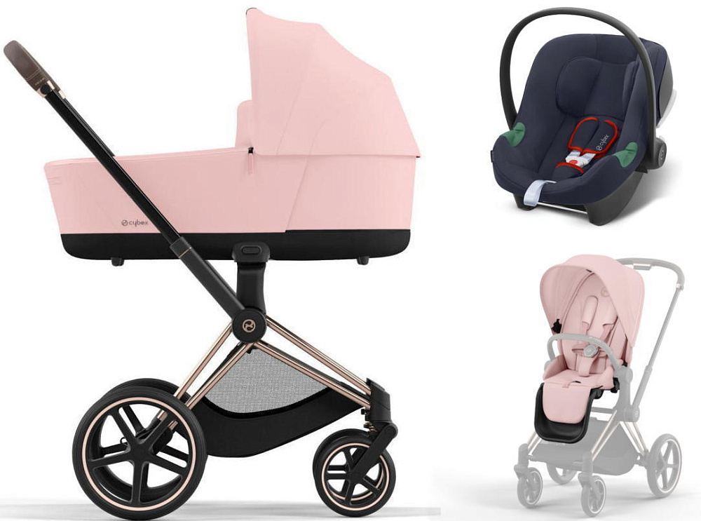 Коляска 3 в 1 Cybex Priam IV Rosegold complete и автокресло Aton B2 i-Size Bay Blue Peach Pink