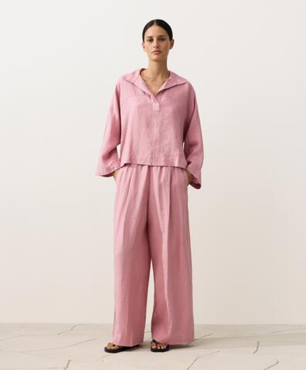 Oysho Рубашка-поло оверсайз с длинными рукавами из 100%-го льна, светло-розовый