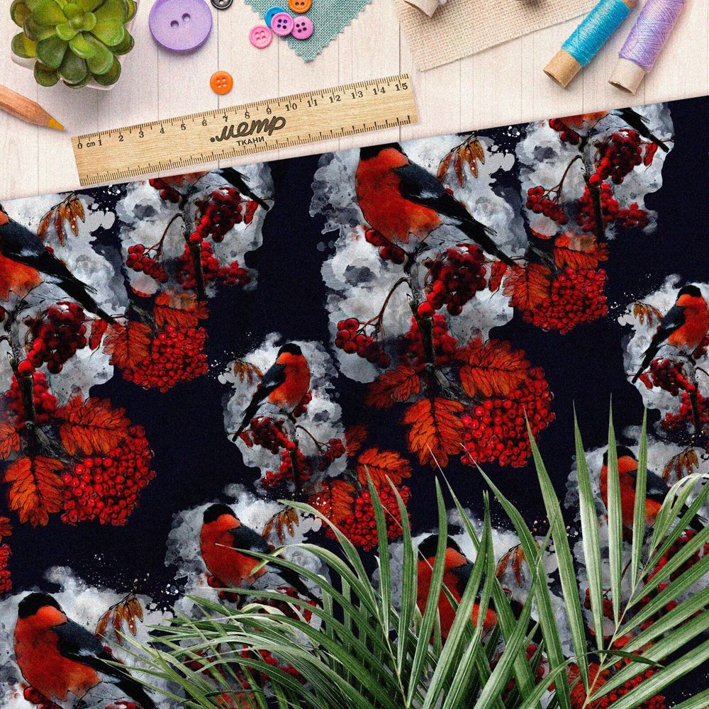 Ткань оксфорд 210 снегирь с рябиной