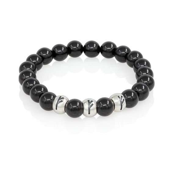 Браслет Денежный магнит из натурального черного кварца с тремя рунами Феху из серебра 925, фото 1