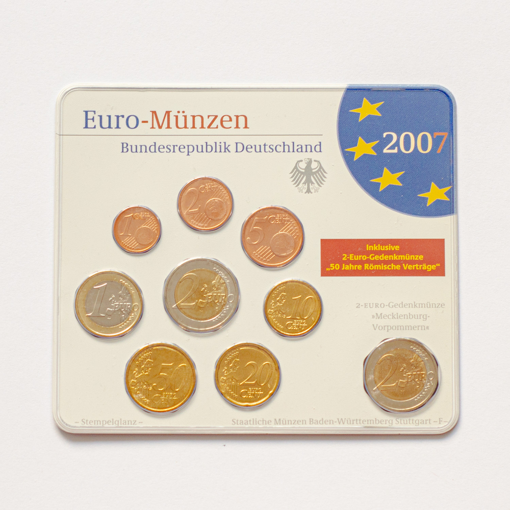 Germany 2007 Year Set (A, D, F, G, J) + 5 x 2 Euro: "Schwerin Castle (Mecklenburg-Vorpommern)" and "50th anniversary of the Treaty of Rome"