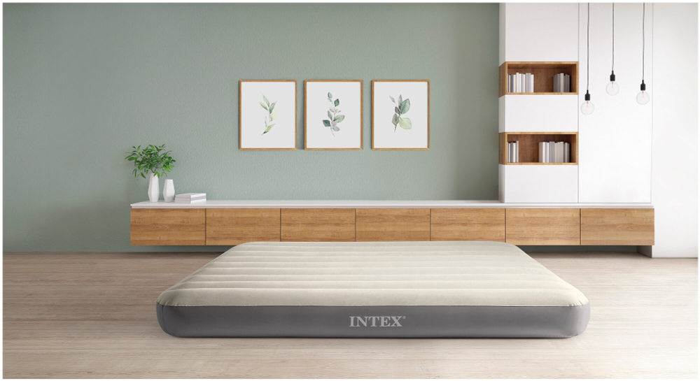 Мaтрас нaдувной Intex 64144 Pillow Rest King 183х203х25 см / Крoвать нaдувная Интeкс двухспальная велюровая королевского размера со встроенным подголовником