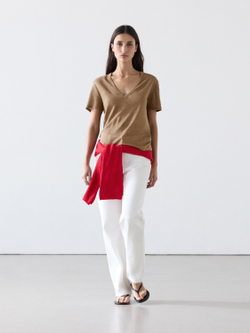 Massimo Dutti Льняная футболка с V-образным вырезом, светло-коричневый