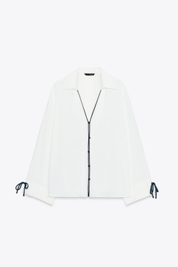 ZARA РУБАШКА С КОНТРАСТНОЙ ОТДЕЛКОЙ, ЖЕЛТОВАТО-БЕЛЫЙ