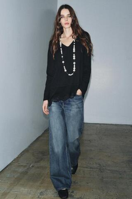 ZARA КОМБИНИРОВАННАЯ ФУТБОЛКА С КРУЖЕВОМ, ЧЕРНЫЙ