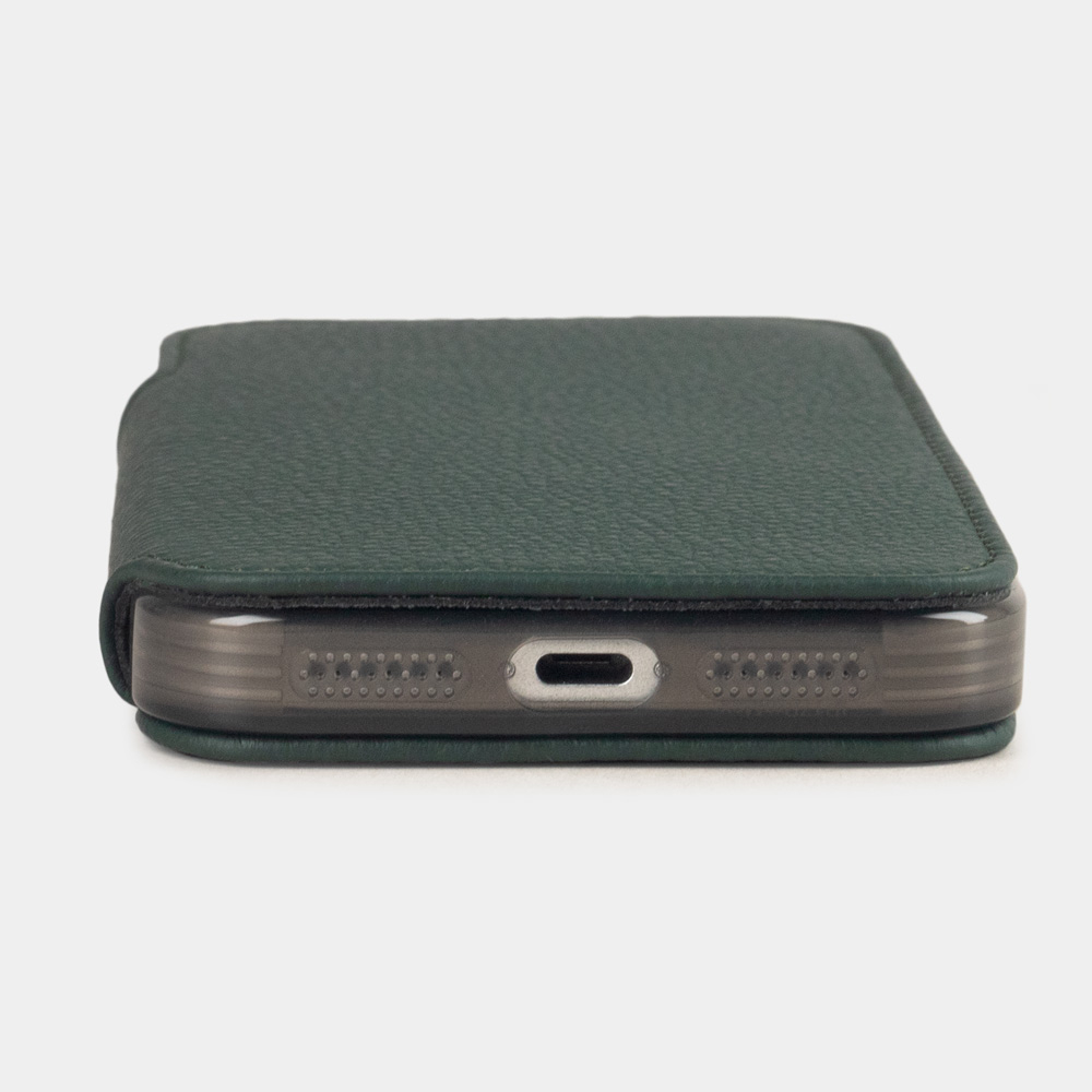 Чехол-книжка кожаная для iPhone 17 Pro Max, теленок темно-зеленого цвета