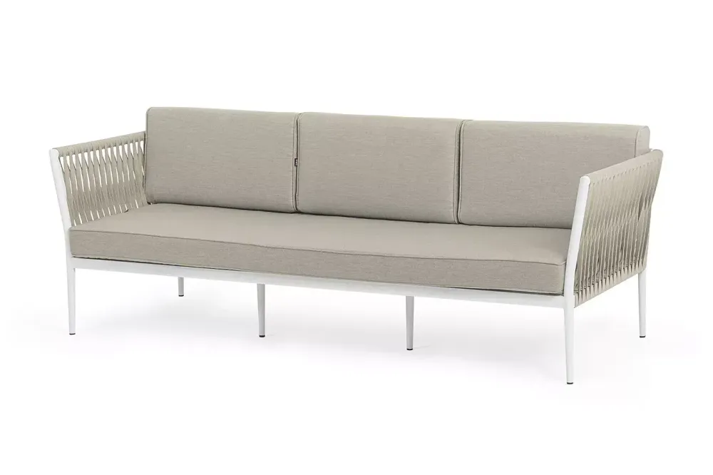 "Касабланка" диван 3-местный плетеный из роупа, каркас алюминий белый муар, роуп бежевый 20мм, ткань бежевая 052