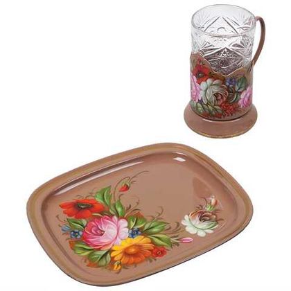 Set of zhostovo tea glass holder with zhostovo metal tray 21х18 cm SET21D08042022001