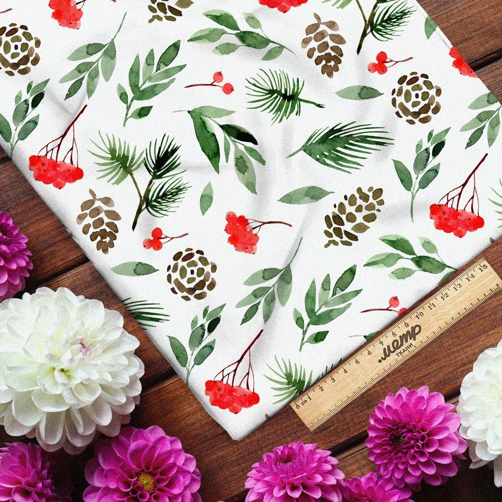 Ткань блэкаут рябина с шишками и листьями