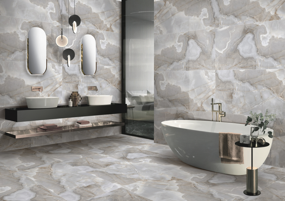 Глазурованный керамогранит Arcadia Ceramica Rex Onyx Blue 60x120 см 1.44 м² полированный цвет серо-голубой