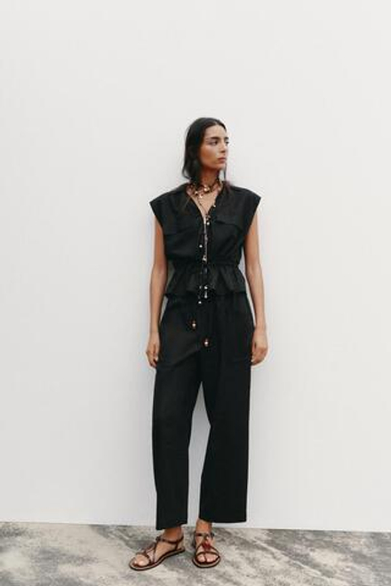 ZARA ТОП В СТИЛЕ САФАРИ С ПОЯСОМ ИЗ ЛЬНА, ЧЕРНЫЙ