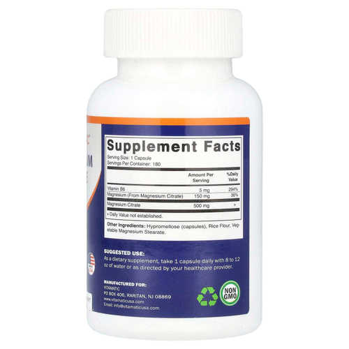 Vitamatic, Цитрат магния с витамином B6, 180 вегетарианских капсул