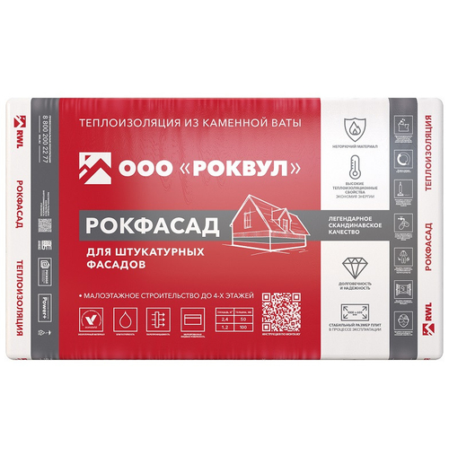 Базальтовая вата Rockwool Рокфасад 1000х600х100 мм 2 плиты в упаковке