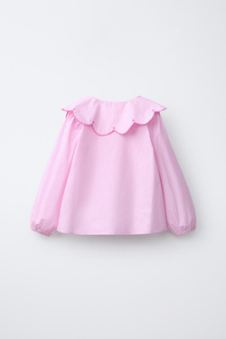 ZARA РУБАШКА В ПОЛОСКУ С ВЫШИВКОЙ НА ВОРОТНИКЕ, МЯГКИЙ РОЗОВЫЙ