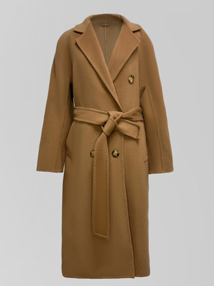 Пальто 801 двубортное с косыми карманами и поясом в комплекте