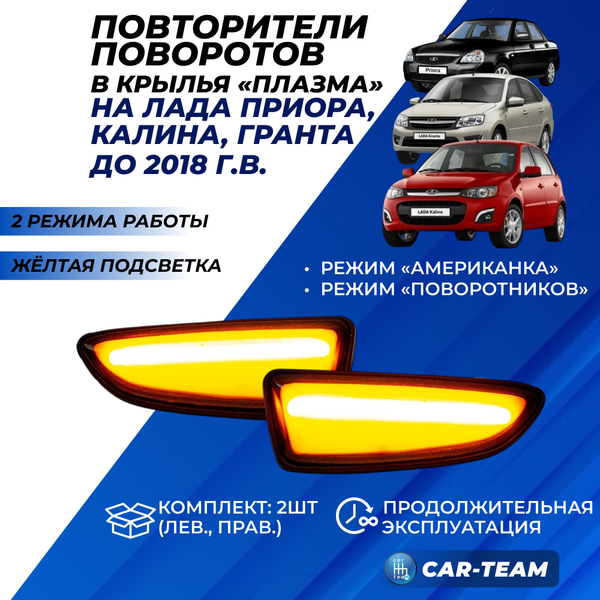 Повторители поворотов в крылья Лада Приора, Гранта, Калина "Плазма" плавающие с режимом RGB, желтая подсветка