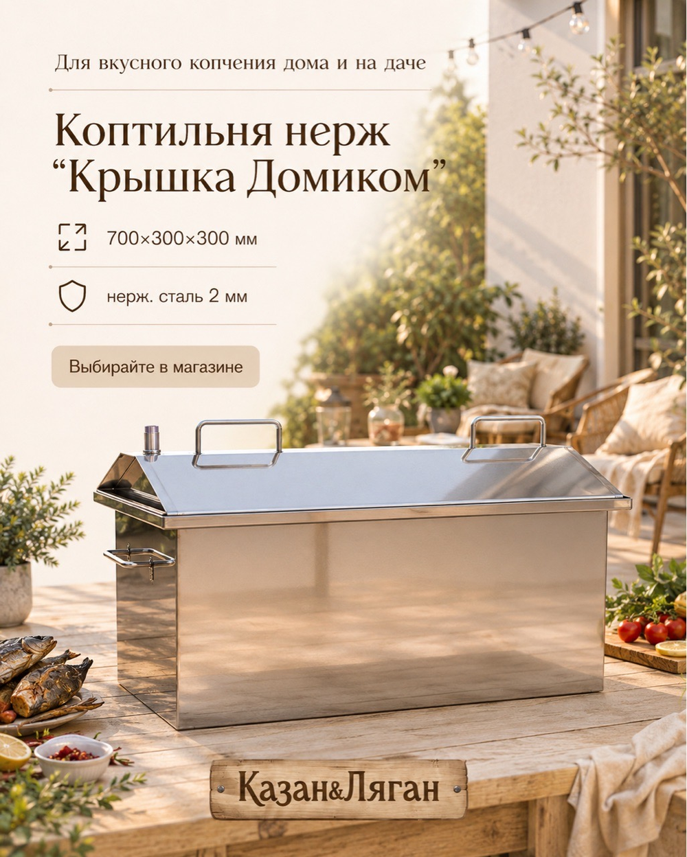 Коптильня нерж "Крышка Домиком" 700х300х300 2 мм