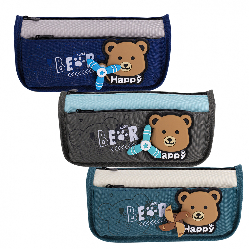 Пенал - косметичка Alingar, ткань, молния, боковой карман, вертушка, 190 х 80 х 35 мм, "Lucky Bear", медвежонок, микс (зеленый, синий, серый), европод