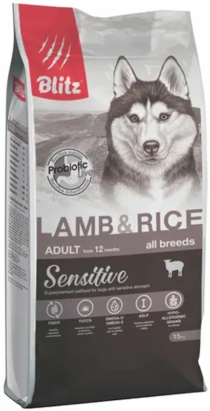 Сухой корм для собак Blitz Sensitive ADULT LAMB & RICE ALL BREEDS для взрослых собак всех пород, ягненок и рис, 15 кг
