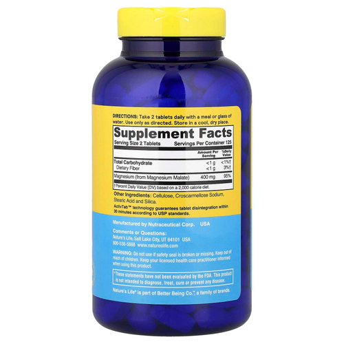 Nature's Life, восстанавливающий малат магния, 250 таблеток (200 мг в одной таблетке)