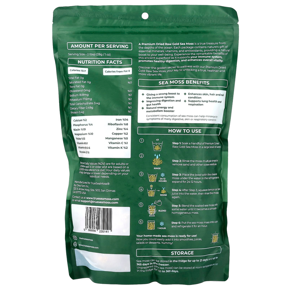 True Sea Moss, премиального качества, необработанный морской мох, 453 г (1 фунт)