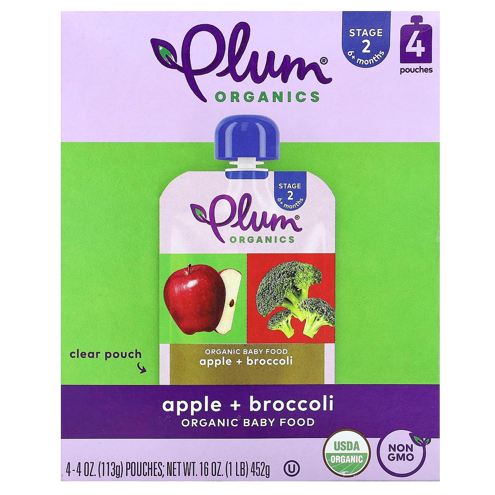 Plum Organics, органическое детское питание, для детей от 6 месяцев, яблоко и брокколи, 4 пакетика по 113 г (4 унции)