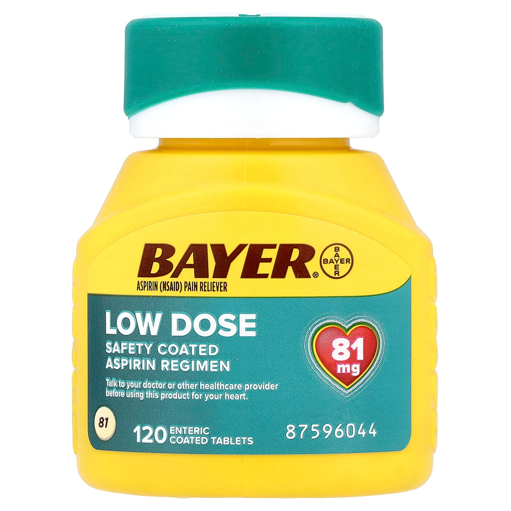Bayer, Схема приема аспирина с безопасным покрытием, низкая доза, 81 мг, 120 таблеток, покрытых кишечнорастворимой оболочкой
