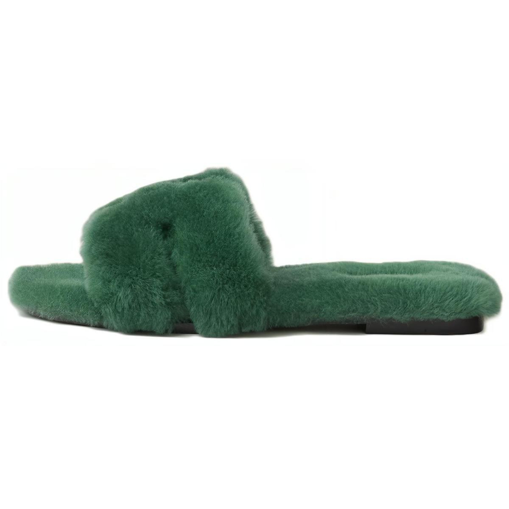 Hermes Oran sheepskin wool one-piece H-shaped hollow one-word slippers women's green, H231288Z H0