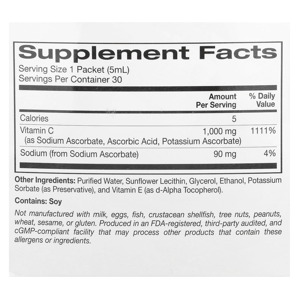 Super Nutrition, липосомальный витамин C в жидкой форме, без добавок, 1000 мг, 30 пакетиков по 5 мл (0,17 жидк. унции)