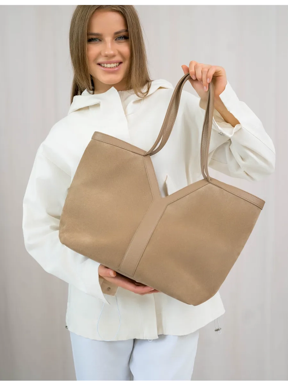 Сумка через плечо большая шоппер натуральная замша