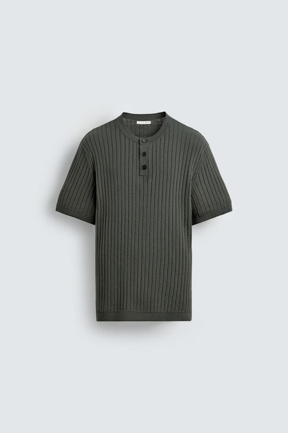 ZARA ФУТБОЛКА В РУБЧИК С ВОРОТНИКОМ ХЕНЛИ, ХАКИ