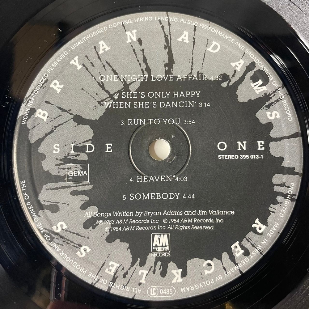 Винтажная виниловая пластинка LP Bryan Adams Reckless (Германия 1985)