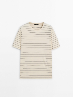 Massimo Dutti Футболка из 100% хлопка средней плотности в полоску, натуральный, кремовый