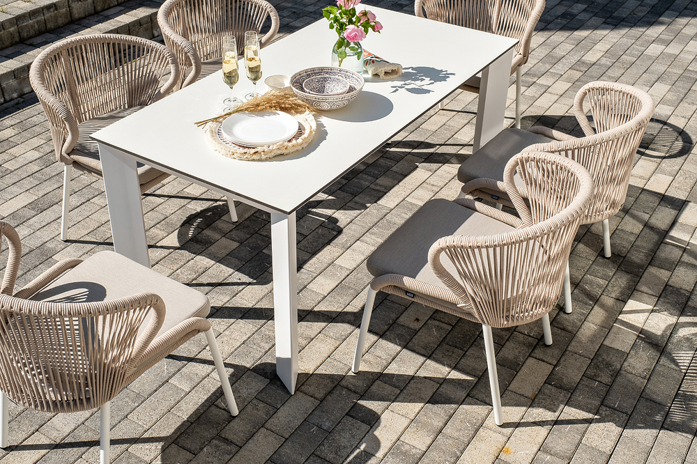 "Венето" обеденная группа на 6 персон со стульями "Милан", каркас белый, роуп бежевый