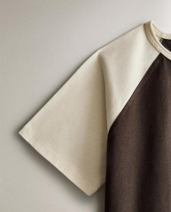 ZARA HOME ДВУХЦВЕТНАЯ ХЛОПКОВАЯ ФУТБОЛКА, КОРИЧНЕВЫЙ
