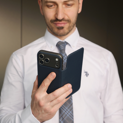 Чехол-книжка для iPhone 17 Pro Max - кожа телёнка, синий