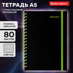 Тетрадь обложка пластик, А5 80 л., спираль пластик, резинка, клетка, BRAUBERG, черный/зеленый, 405387