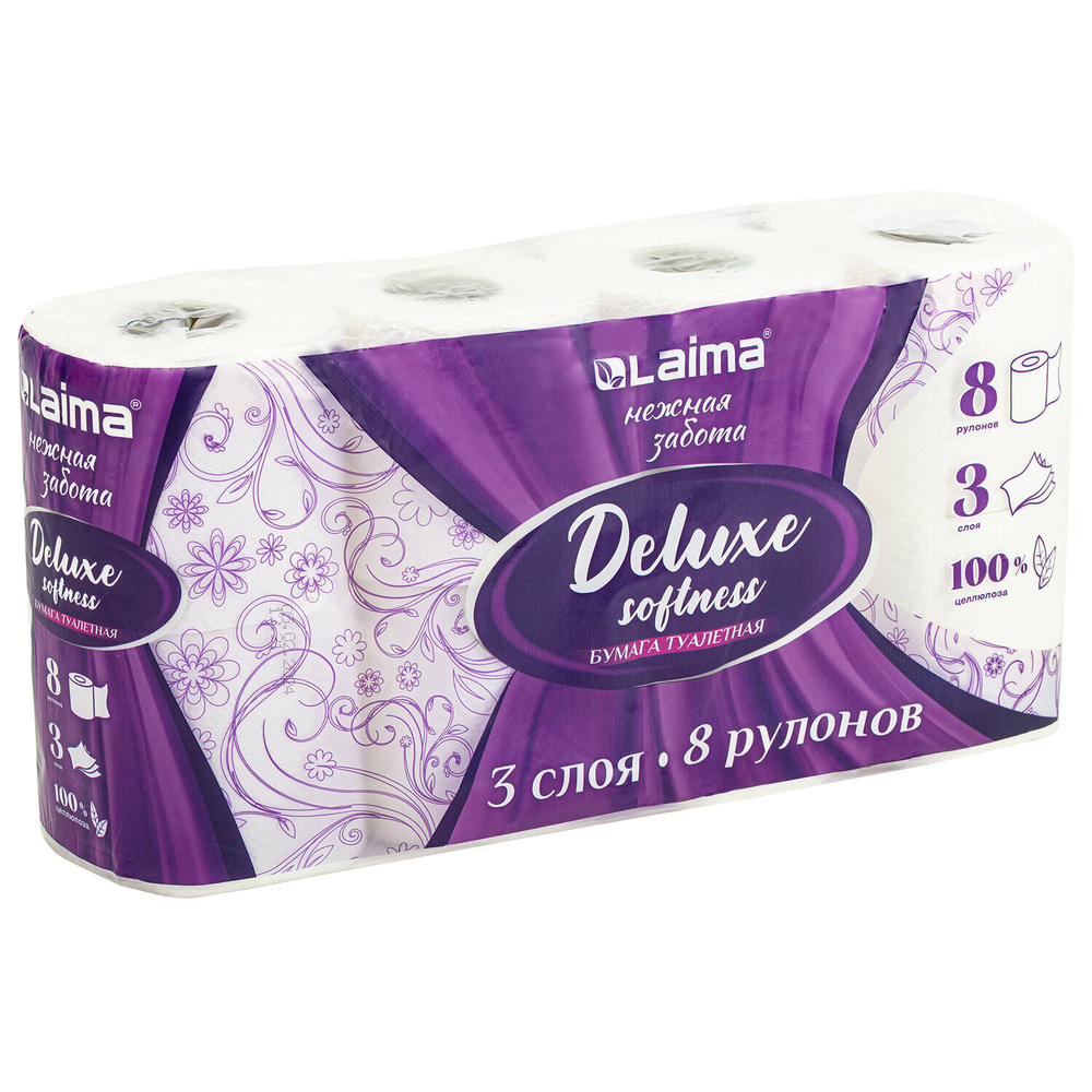 Бумага туалетная 3-х слойная 8 рулонов (8х16 5 м) LAIMA Deluxe 100% целлюлоза (7 штук в упаковке)