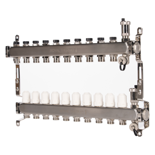 Коллектор Royal Thermo нерж. в сборе универсальный 1quot; ВР-3/4quot; НР с автомат. воздухоотвод-ми 10 вых.