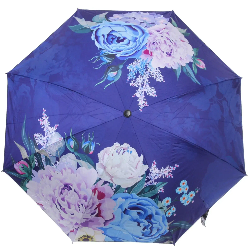 Зонт механический ветроустойчивый, матовая ручка «BESTzontik» цветы на темно синем, длина 25см, d-110см