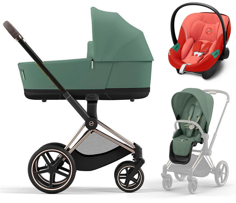 Коляска 3 в 1 Cybex Priam IV Rosegold complete и автокресло Aton S2 i-Size Hibiscus Red Leaf Green