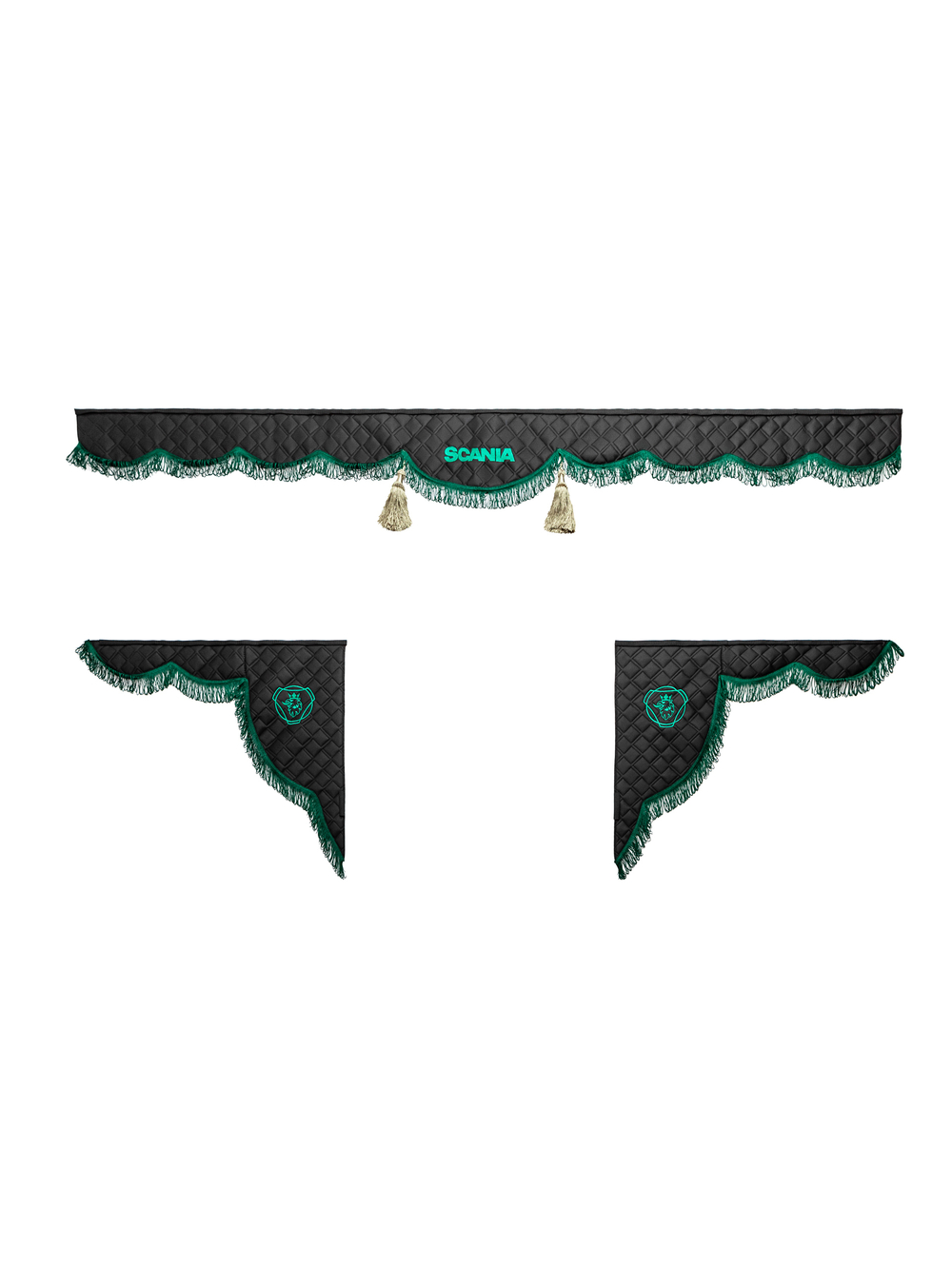 Ламбрекен с косынками стеганые Scania (экокожа, черный, зеленая лапша)
