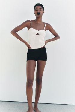 ZARA ОДНОТОННЫЙ ТРИКОТАЖНЫЙ ТОП ИЗ СМЕСОВОГО ЛЬНА С УЗЛОМ, ЭКРЮ