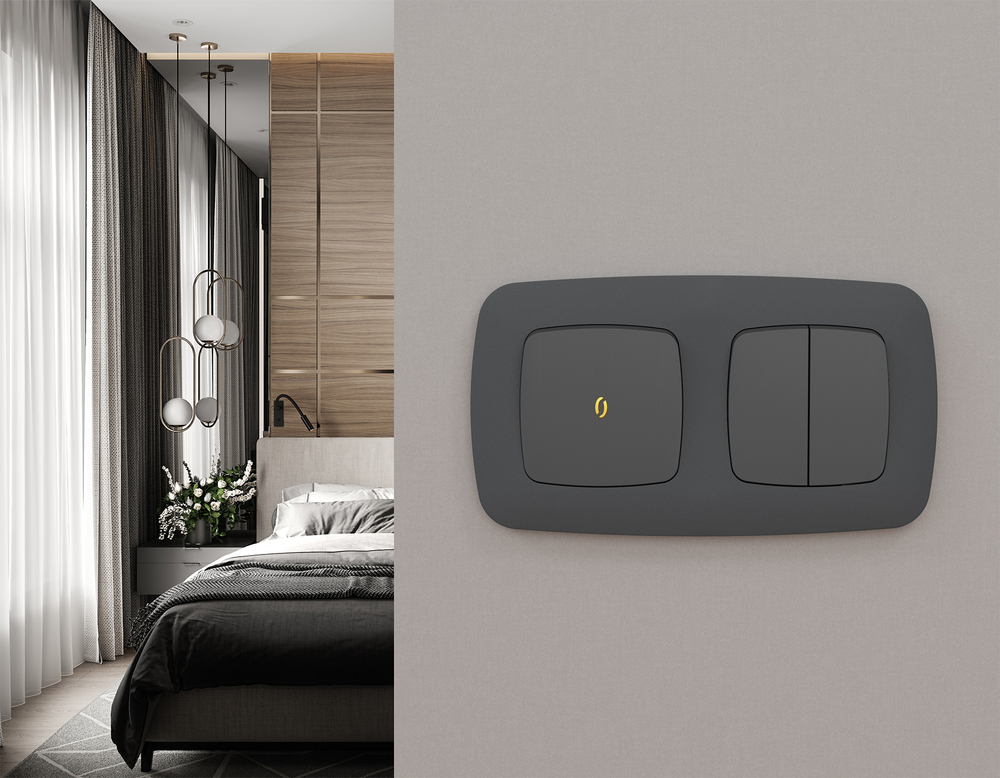 MO902030 Комплект механизма 1-кл проходного выключателя с подсветкой 3200K OMEGA Графит мягкое касание QUANT (OP9020, VM105, G22Y)