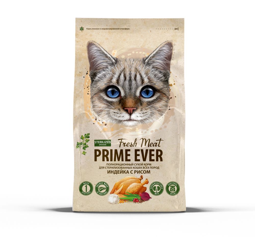 Prime Ever Fresh Meat Sterilized Adult Cat Индейка с рисом полнорационный сухой корм для стерилизованных кошек всех пород 7 кг