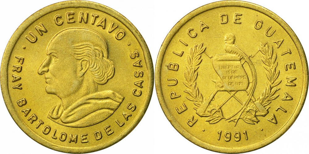 Гватемала 1 сентаво, 1974 - 1995 Бартоломе де лас Касас XF