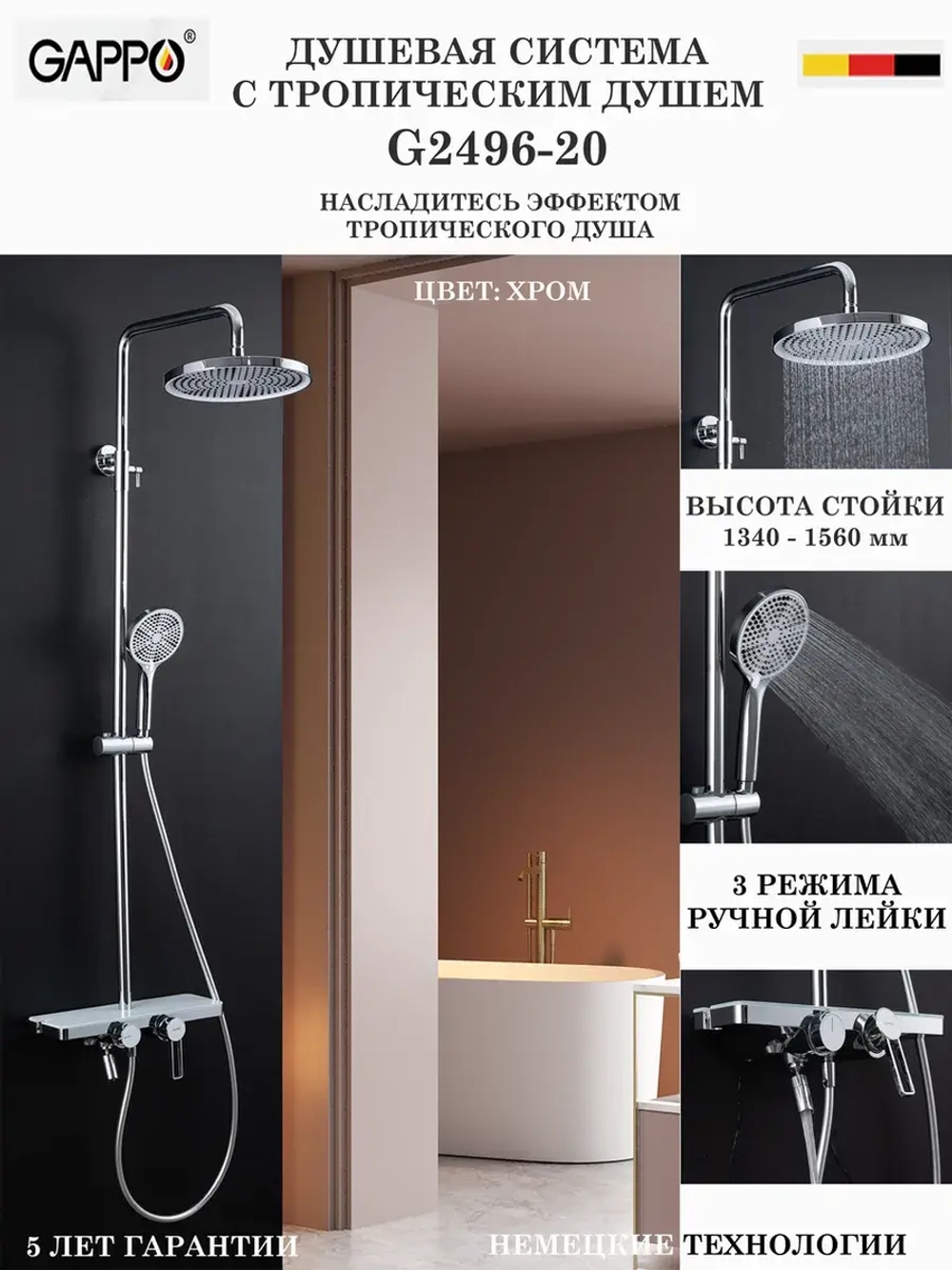 Душевая система с тропическим душем Gappo G2496-20